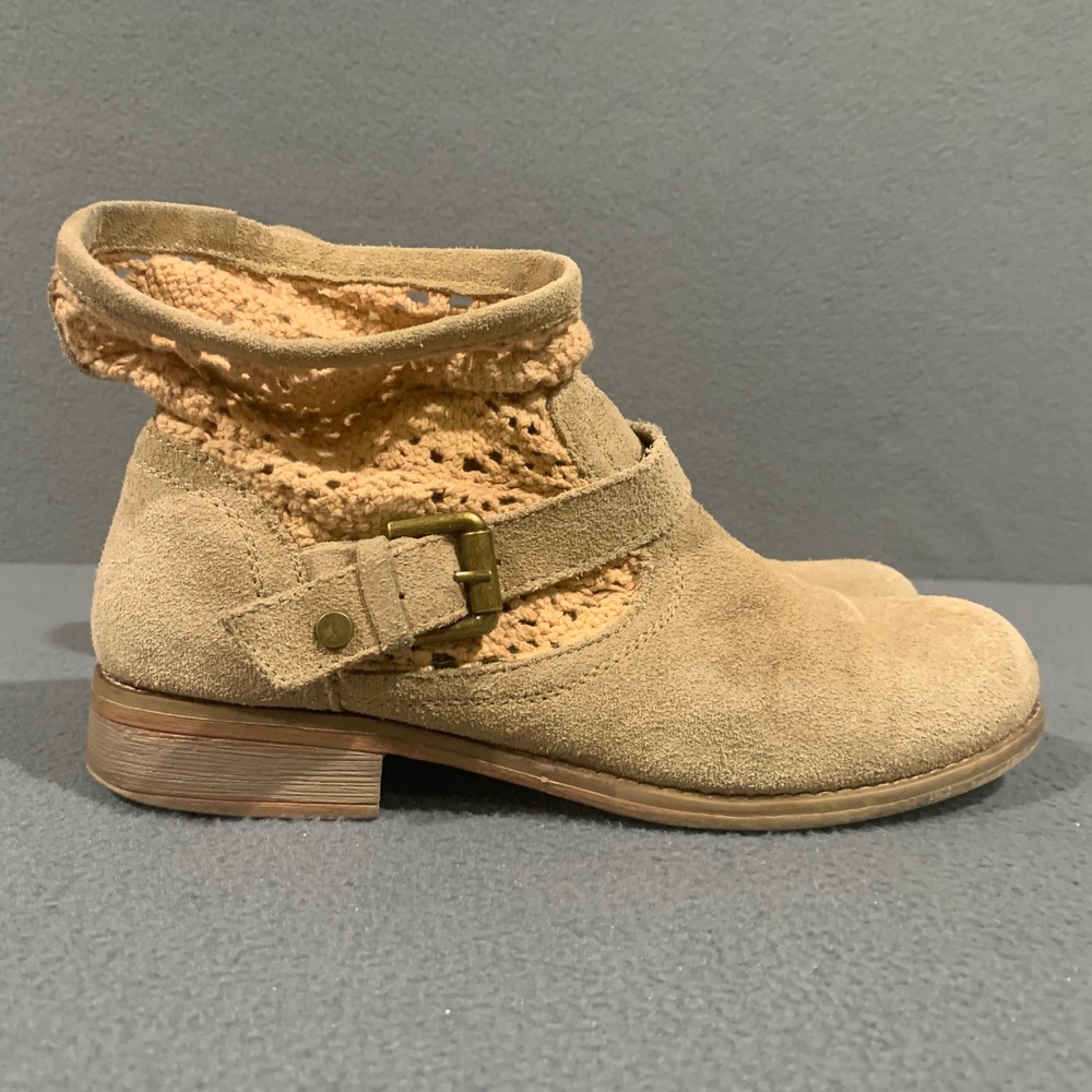Camomilla Tan Suede Crochet Ankle Boots Women US 7.5 Boho Buckle Strap Booties - Picture 1 of 9